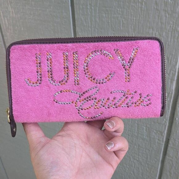 Juicy Couture Y2K Velour Fuchsia Rhinestone Long Zip Wallet - Picture 1 of 6